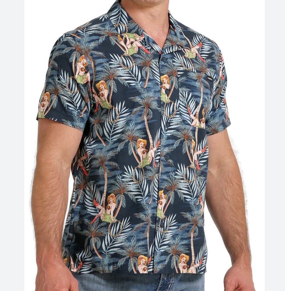 Cinch Camp Shirt Mens Size M Tropical Hula Girl Short Sleeve Western Loop Collar